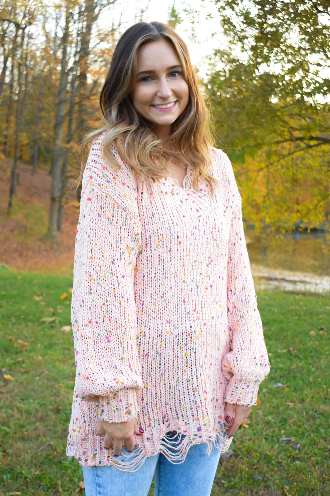 Peach Confetti Distressed Sweater