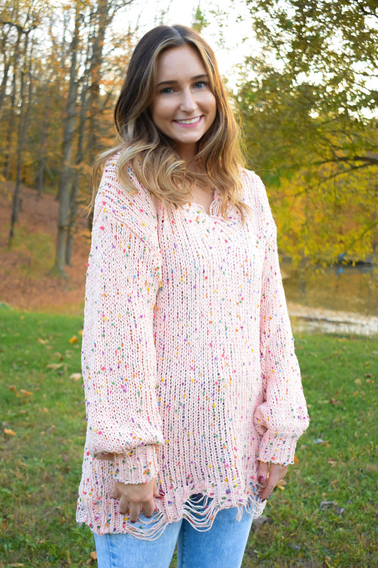 Peach Confetti Distressed Sweater